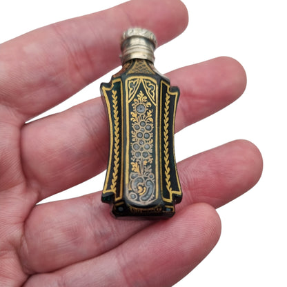 Antique Victorian green glass and silver perfume bottle, floral decoration, England, ca. 1880–1900