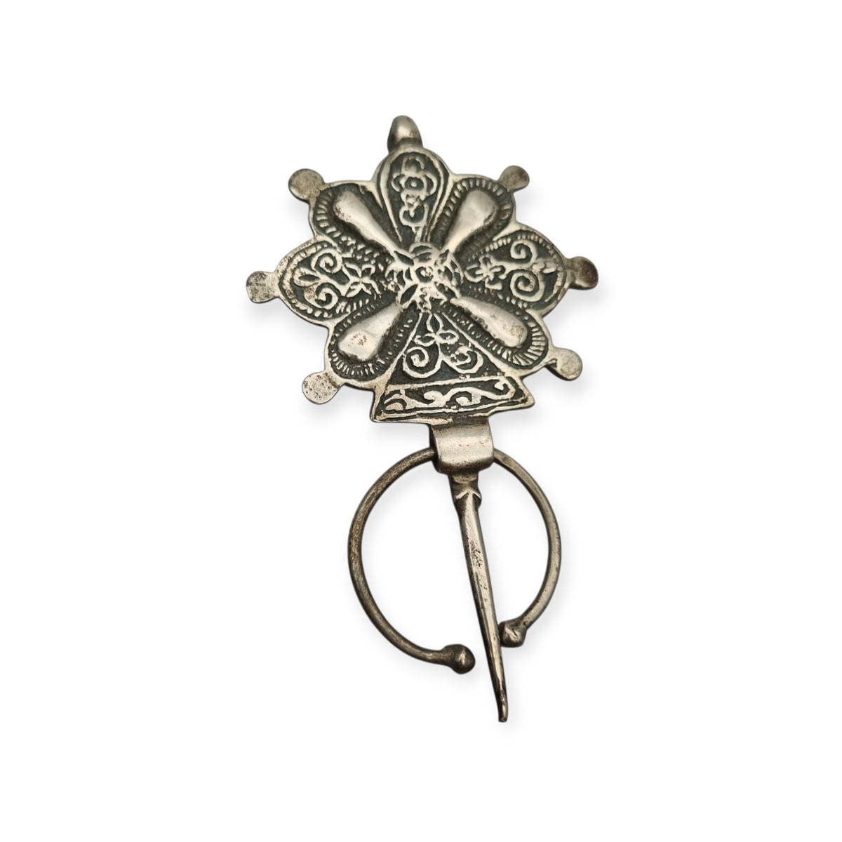 Antique Berber silver fibula, handcrafted, traditional North African tribal jewelry, c. 1930–1960