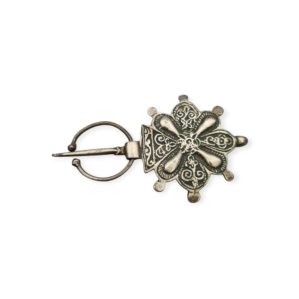 Antique Berber silver fibula, handcrafted, traditional North African tribal jewelry, c. 1930–1960