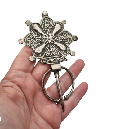 Antique Berber silver fibula, handcrafted, traditional North African tribal jewelry, c. 1930–1960