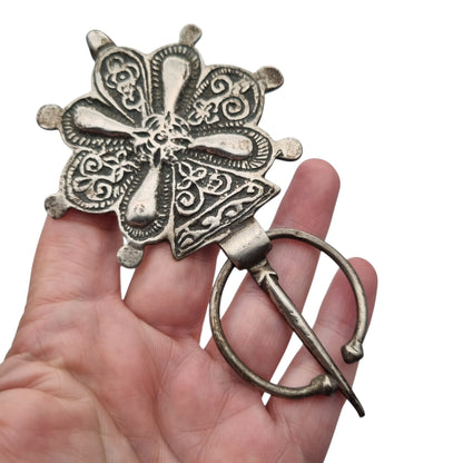 Antique Berber silver fibula, handcrafted, traditional North African tribal jewelry, c. 1930–1960