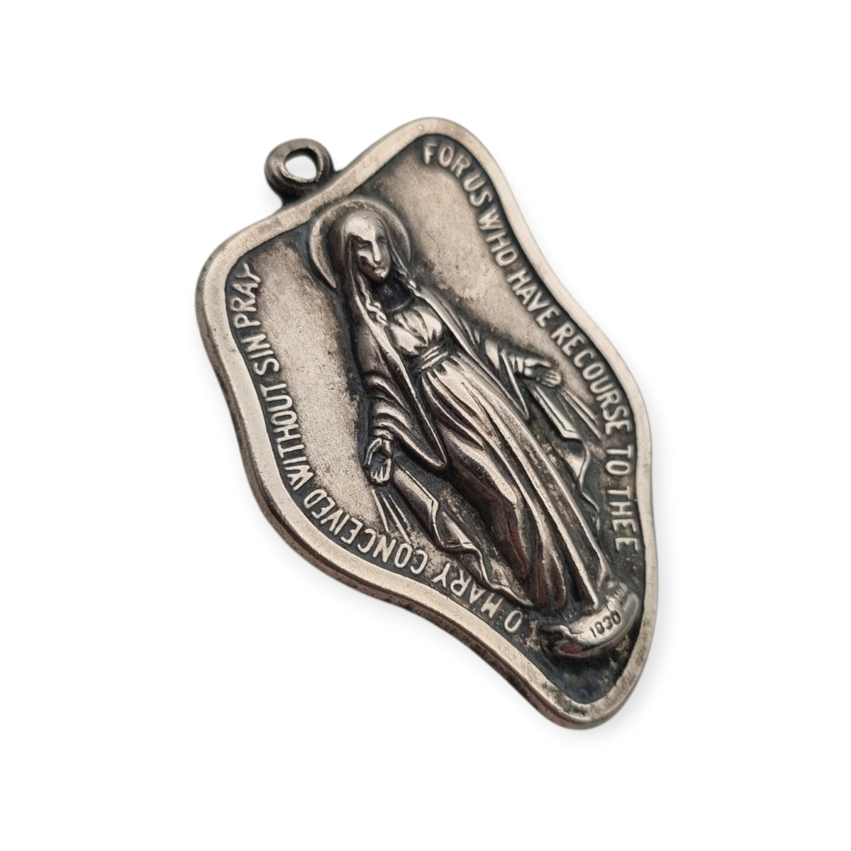Vintage religious medal of Our Lady of Miracles in silver-tone metal, Italy, ca. 1960–1970