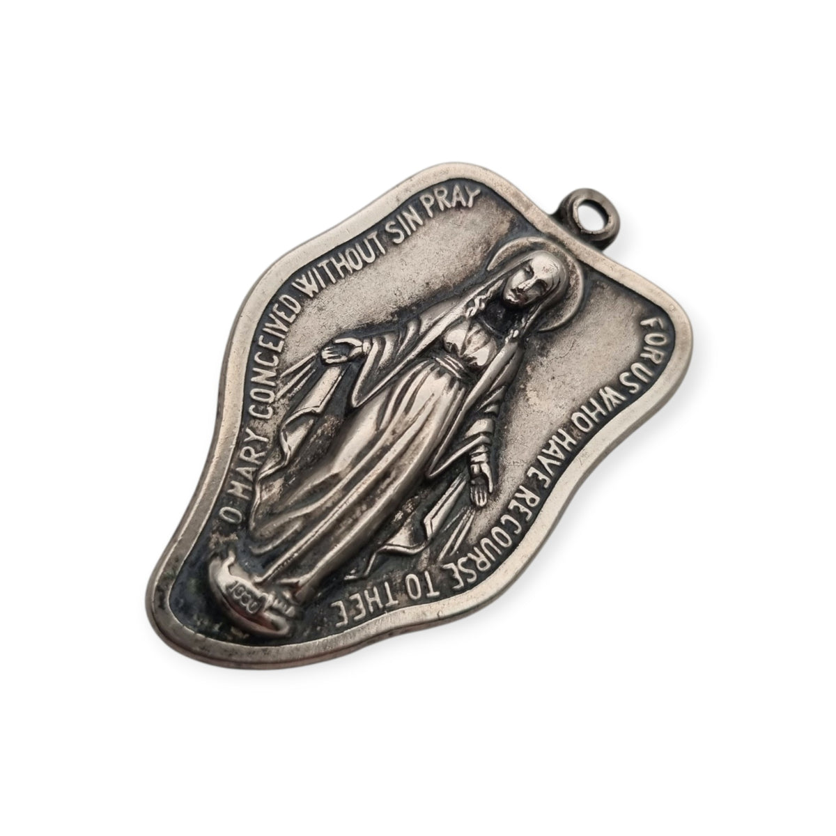 Vintage religious medal of Our Lady of Miracles in silver-tone metal, Italy, ca. 1960–1970