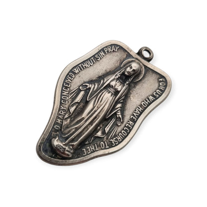 Vintage religious medal of Our Lady of Miracles in silver-tone metal, Italy, ca. 1960–1970