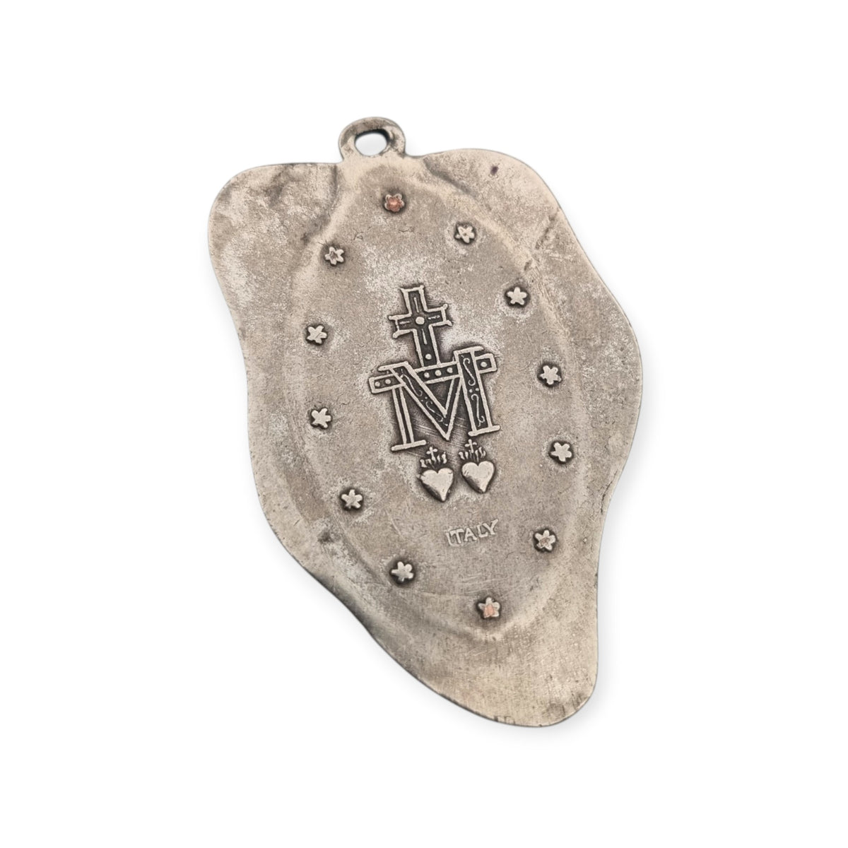 Vintage religious medal of Our Lady of Miracles in silver-tone metal, Italy, ca. 1960–1970