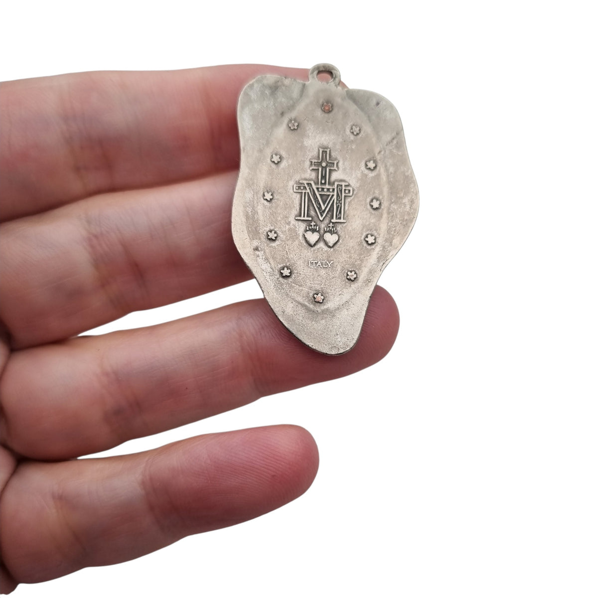 Vintage religious medal of Our Lady of Miracles in silver-tone metal, Italy, ca. 1960–1970