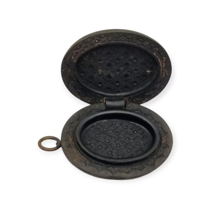 Victorian mourning hair slide in vulcanite with cross and weeping willow, sentimental jewelry, ca. 1890–1910