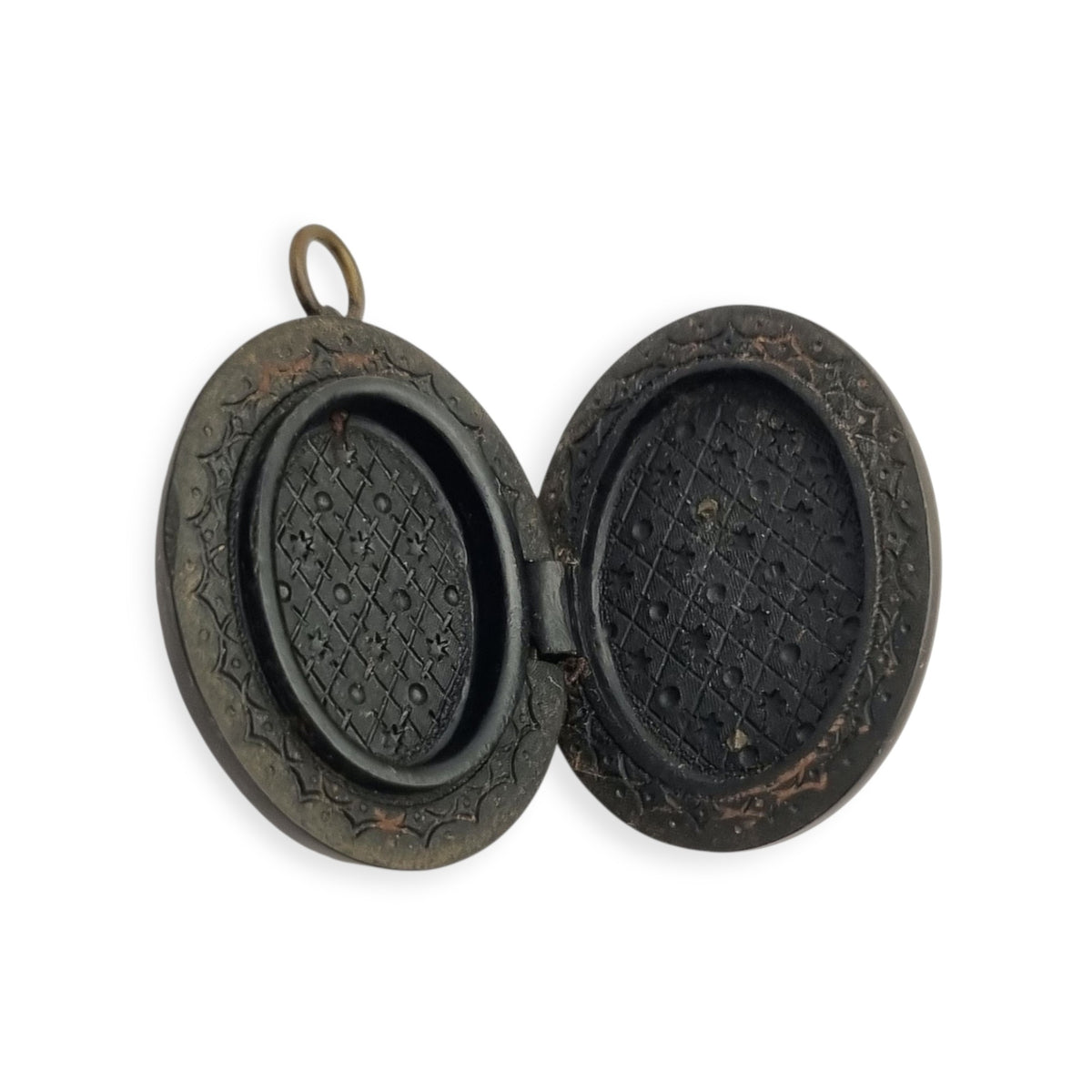 Victorian mourning hair slide in vulcanite with cross and weeping willow, sentimental jewelry, ca. 1890–1910