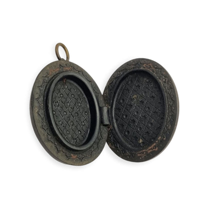Victorian mourning hair slide in vulcanite with cross and weeping willow, sentimental jewelry, ca. 1890–1910