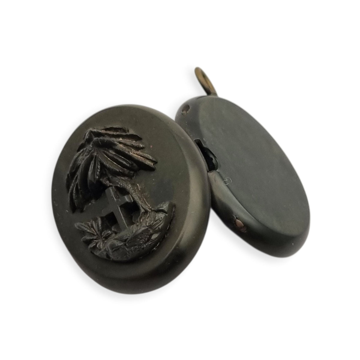 Victorian mourning hair slide in vulcanite with cross and weeping willow, sentimental jewelry, ca. 1890–1910