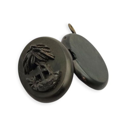 Victorian mourning hair slide in vulcanite with cross and weeping willow, sentimental jewelry, ca. 1890–1910