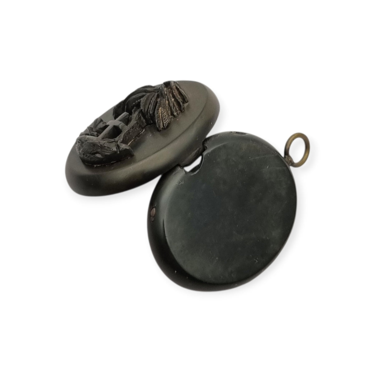Victorian mourning hair slide in vulcanite with cross and weeping willow, sentimental jewelry, ca. 1890–1910