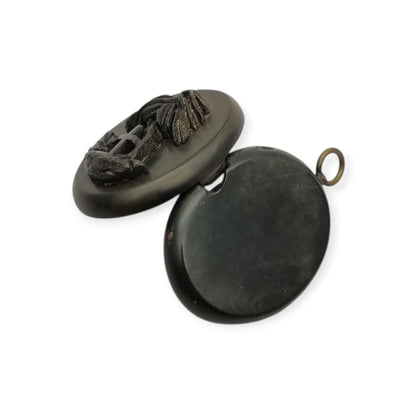 Victorian mourning hair slide in vulcanite with cross and weeping willow, sentimental jewelry, ca. 1890–1910