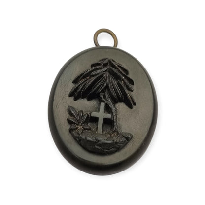 Victorian mourning hair slide in vulcanite with cross and weeping willow, sentimental jewelry, ca. 1890–1910