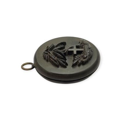 Victorian mourning hair slide in vulcanite with cross and weeping willow, sentimental jewelry, ca. 1890–1910