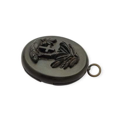 Victorian mourning hair slide in vulcanite with cross and weeping willow, sentimental jewelry, ca. 1890–1910