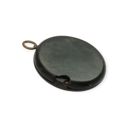 Victorian mourning hair slide in vulcanite with cross and weeping willow, sentimental jewelry, ca. 1890–1910