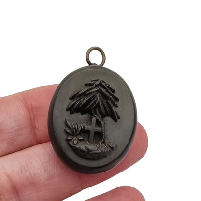 Victorian mourning hair slide in vulcanite with cross and weeping willow, sentimental jewelry, ca. 1890–1910