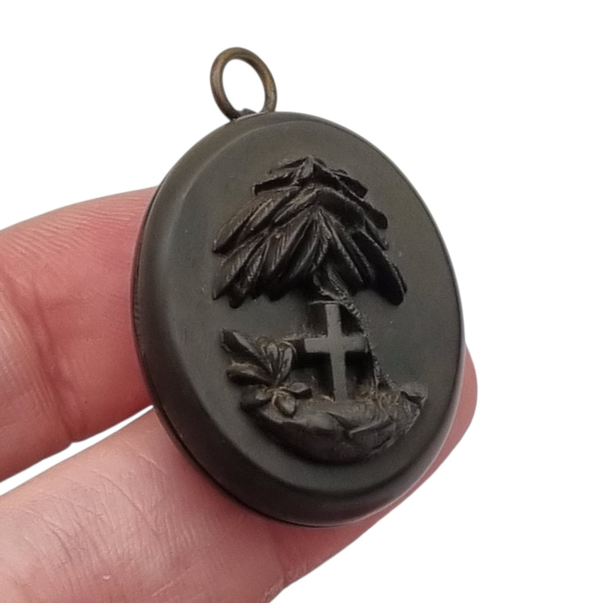 Victorian mourning hair slide in vulcanite with cross and weeping willow, sentimental jewelry, ca. 1890–1910
