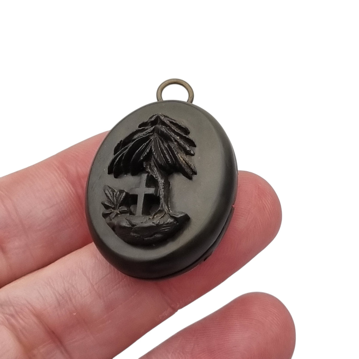 Victorian mourning hair slide in vulcanite with cross and weeping willow, sentimental jewelry, ca. 1890–1910