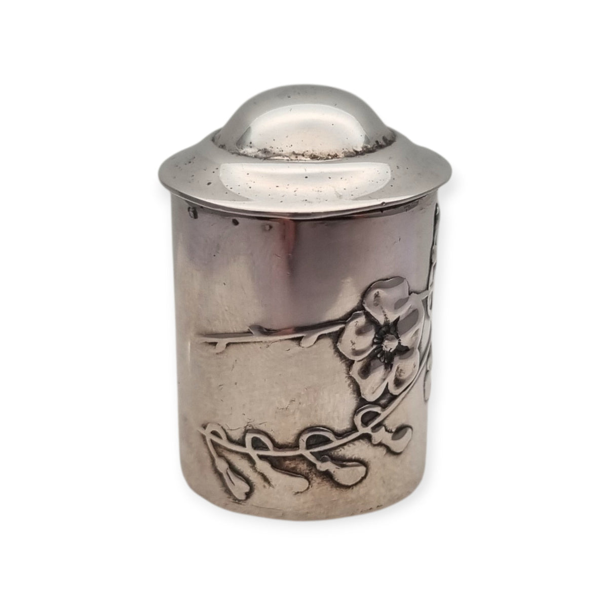 Caja antigua Art Nouveau JMLd, en metal plateado, estuche para dedal Europa, ca. 1900–1920