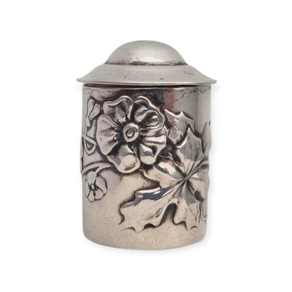 Caja antigua Art Nouveau JMLd, en metal plateado, estuche para dedal Europa, ca. 1900–1920