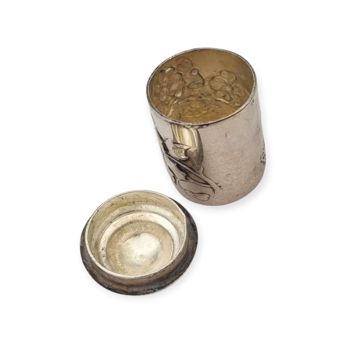 Caja antigua Art Nouveau JMLd, en metal plateado, estuche para dedal Europa, ca. 1900–1920