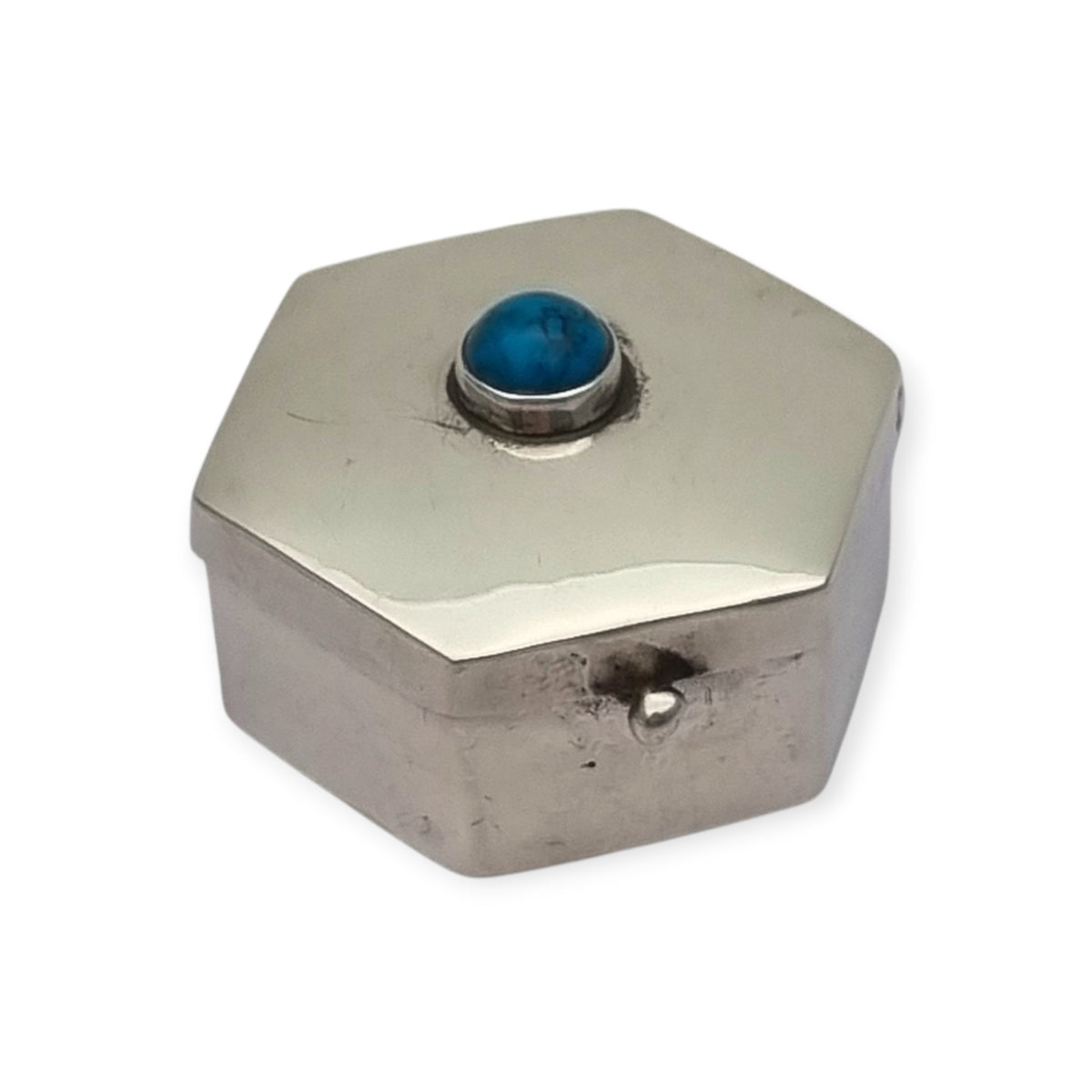 Vintage Mexican 925 silver box, hexagonal with blue cabochon · Iguala, ca. 1980–1990