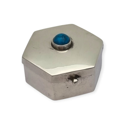 Vintage Mexican 925 silver box, hexagonal with blue cabochon · Iguala, ca. 1980–1990