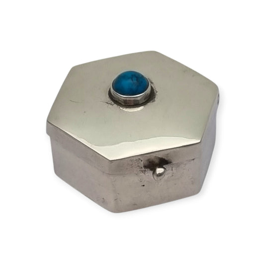 Vintage Mexican 925 silver box, hexagonal with blue cabochon · Iguala, ca. 1980–1990