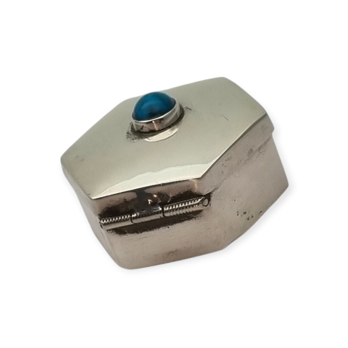 Vintage Mexican 925 silver box, hexagonal with blue cabochon · Iguala, ca. 1980–1990