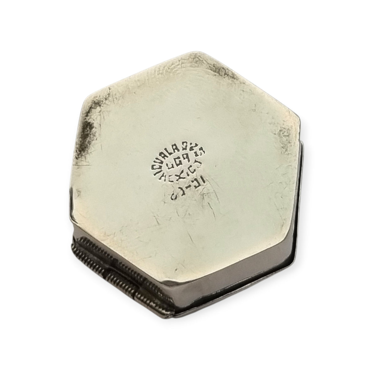 Vintage Mexican 925 silver box, hexagonal with blue cabochon · Iguala, ca. 1980–1990