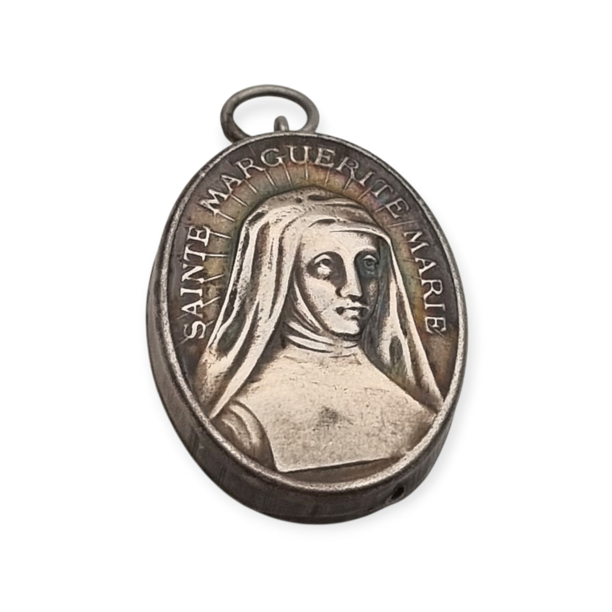 Antique silver reliquary containing a relic of Saint Margaret Mary Alacoque, engraved frame · France, ca. 1920–1940