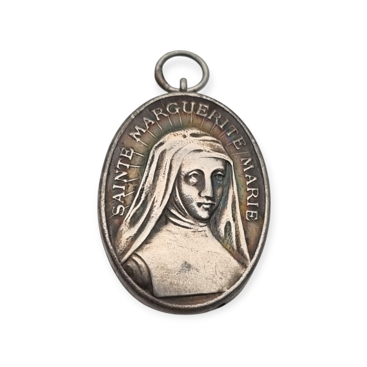 Antique silver reliquary containing a relic of Saint Margaret Mary Alacoque, engraved frame · France, ca. 1920–1940