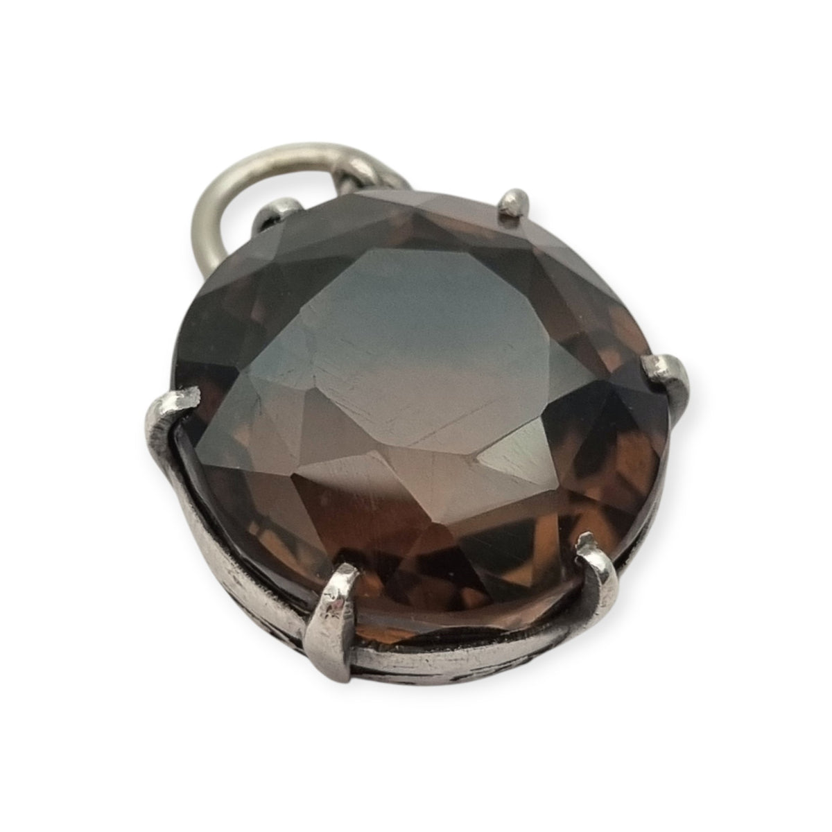 Vintage boho 925 silver pendant with large faceted smoky quartz and openwork setting · Spain, ca. 1980–1990