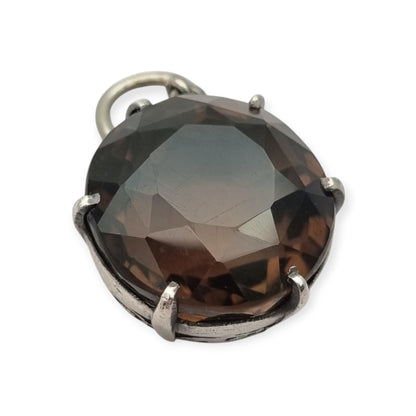 Vintage boho 925 silver pendant with large faceted smoky quartz and openwork setting · Spain, ca. 1980–1990