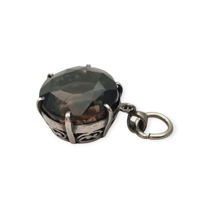 Vintage boho 925 silver pendant with large faceted smoky quartz and openwork setting · Spain, ca. 1980–1990