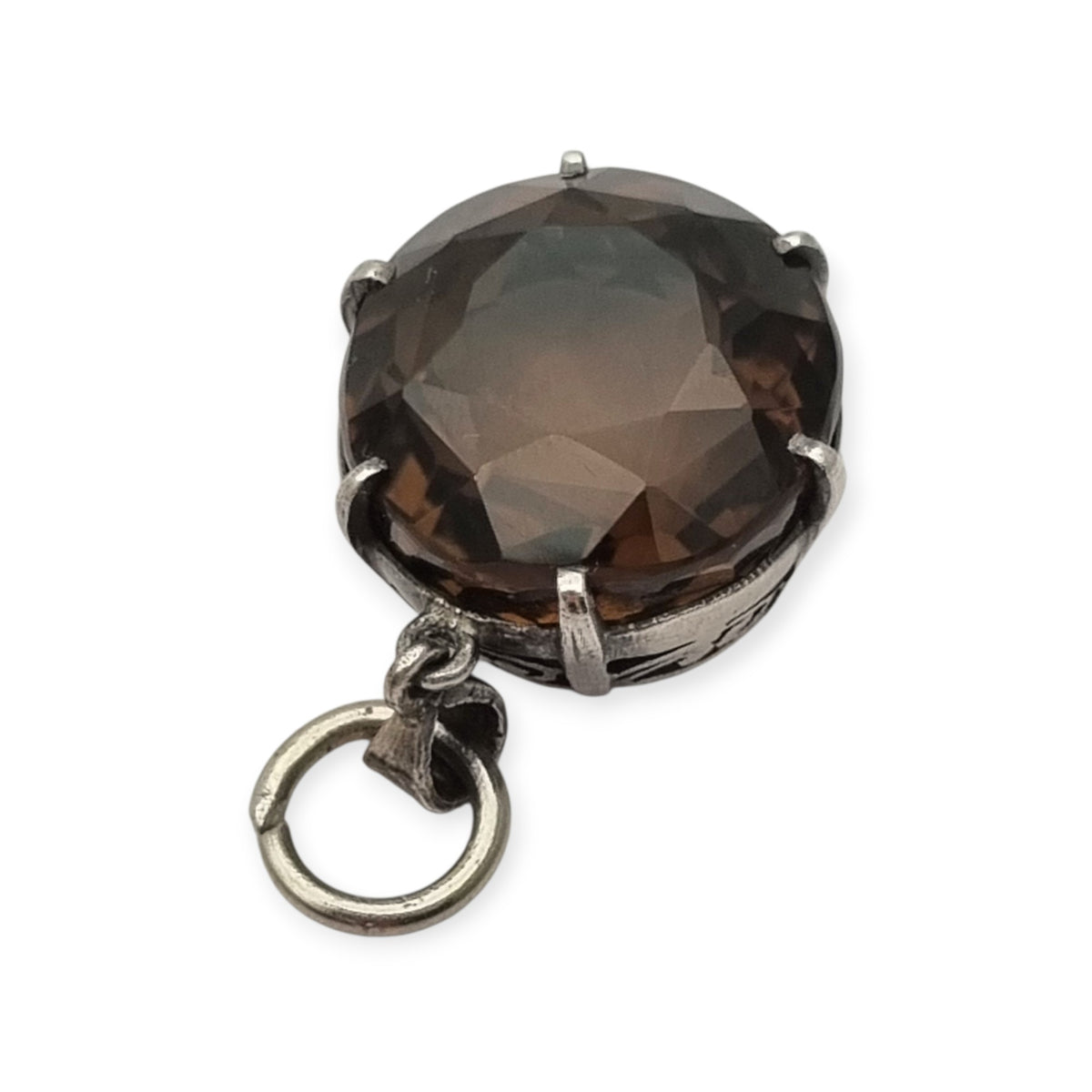 Vintage boho 925 silver pendant with large faceted smoky quartz and openwork setting · Spain, ca. 1980–1990