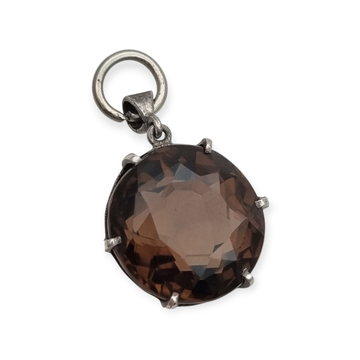 Vintage boho 925 silver pendant with large faceted smoky quartz and openwork setting · Spain, ca. 1980–1990