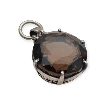 Vintage boho 925 silver pendant with large faceted smoky quartz and openwork setting · Spain, ca. 1980–1990