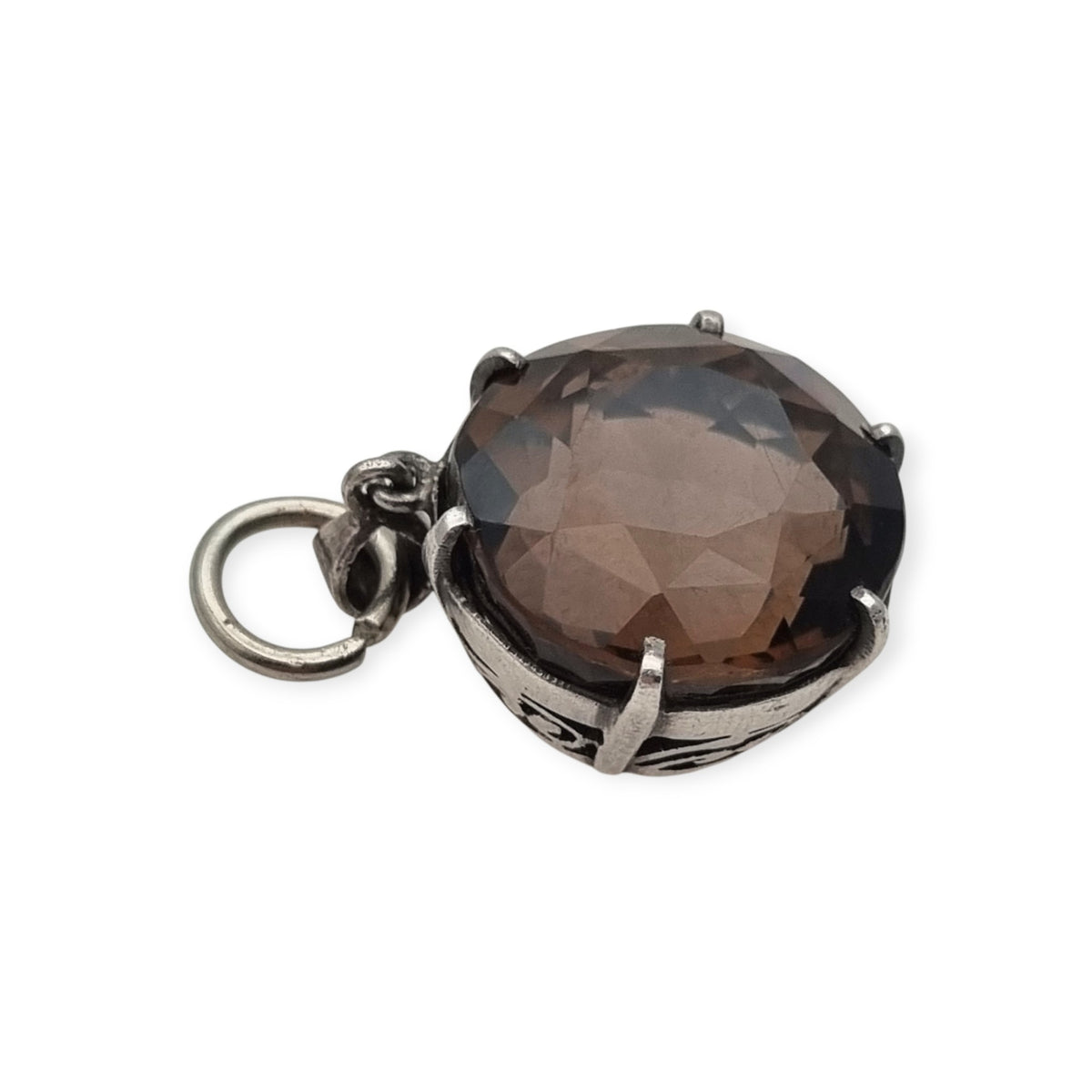 Vintage boho 925 silver pendant with large faceted smoky quartz and openwork setting · Spain, ca. 1980–1990