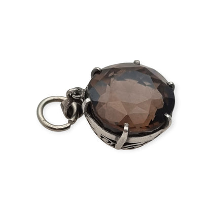 Vintage boho 925 silver pendant with large faceted smoky quartz and openwork setting · Spain, ca. 1980–1990