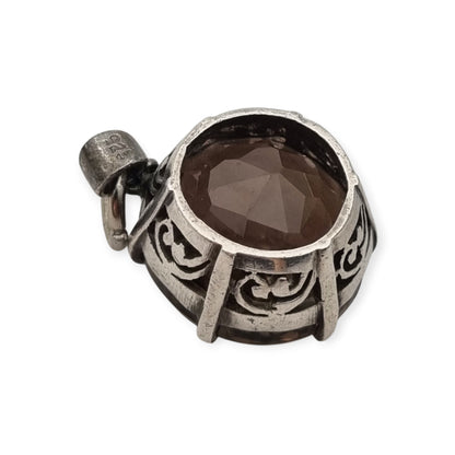 Vintage boho 925 silver pendant with large faceted smoky quartz and openwork setting · Spain, ca. 1980–1990