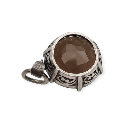 Vintage boho 925 silver pendant with large faceted smoky quartz and openwork setting · Spain, ca. 1980–1990