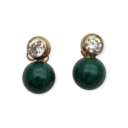 Vintage earrings you and I vintage gold-plated, cubic zirconia and green spheres · Spain, ca. 1980