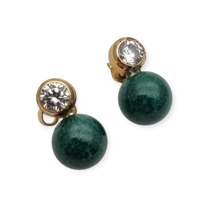 Vintage earrings you and I vintage gold-plated, cubic zirconia and green spheres · Spain, ca. 1980