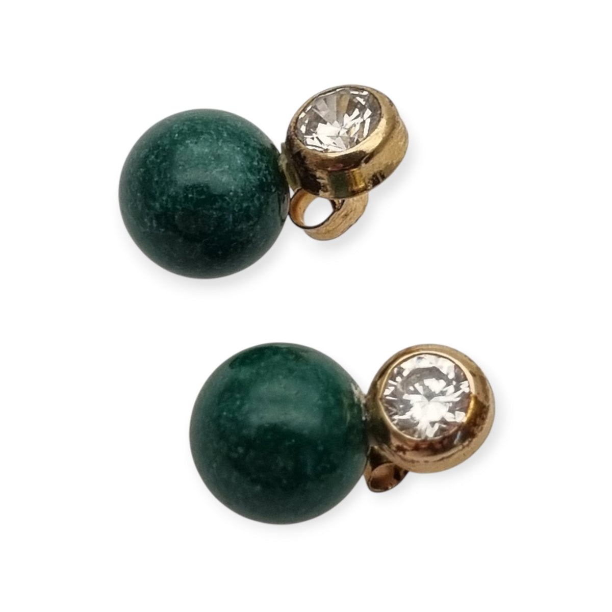 Vintage earrings you and I vintage gold-plated, cubic zirconia and green spheres · Spain, ca. 1980