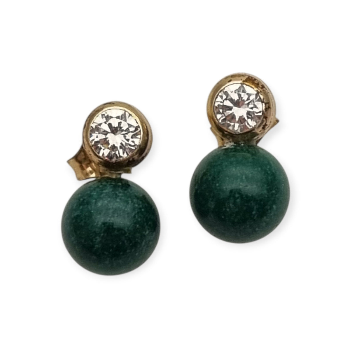 Vintage earrings you and I vintage gold-plated, cubic zirconia and green spheres · Spain, ca. 1980