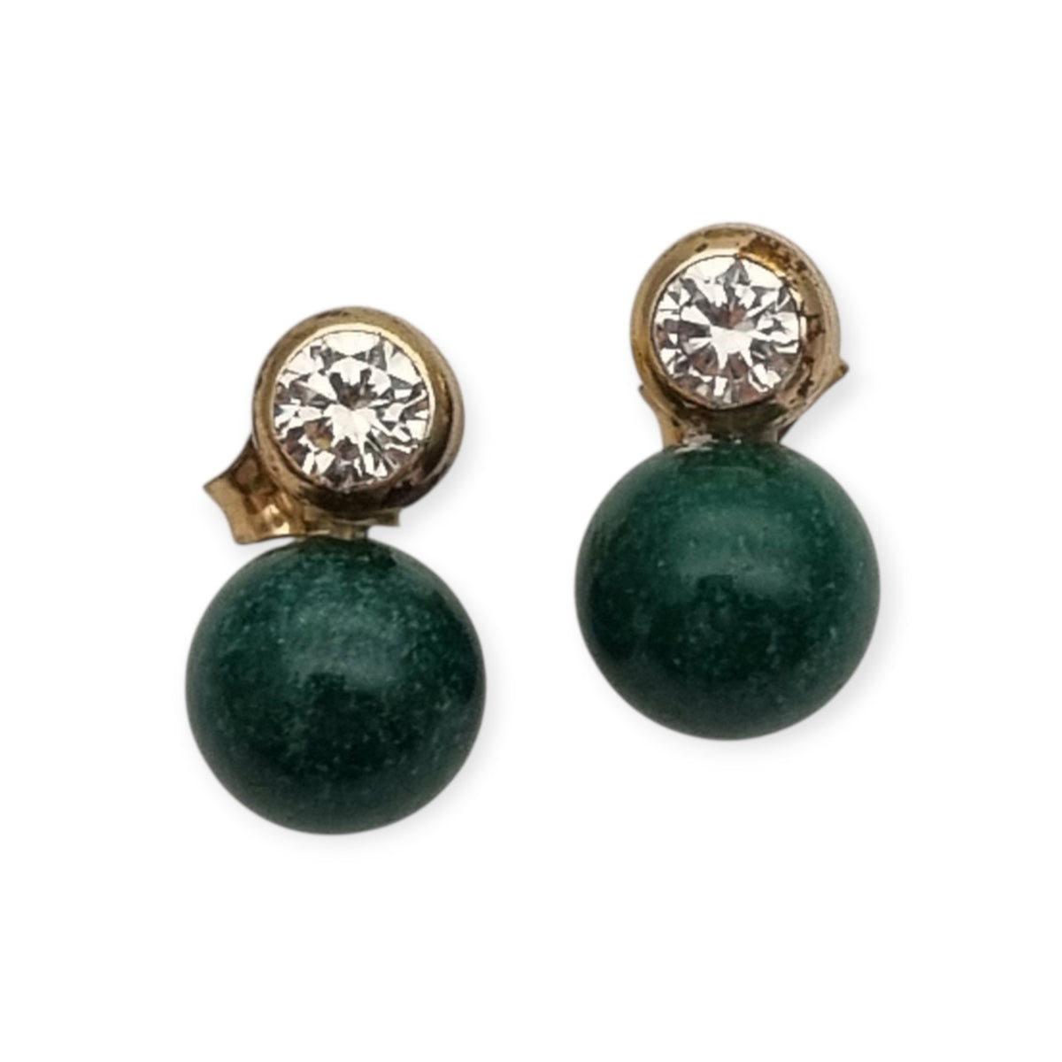 Vintage earrings you and I vintage gold-plated, cubic zirconia and green spheres · Spain, ca. 1980