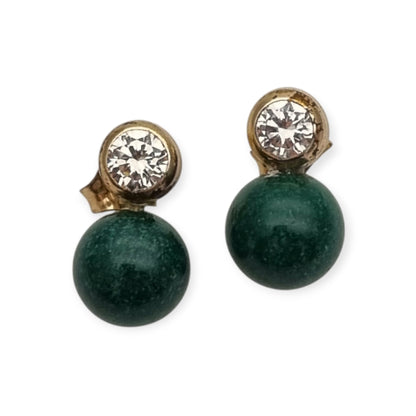 Vintage earrings you and I vintage gold-plated, cubic zirconia and green spheres · Spain, ca. 1980